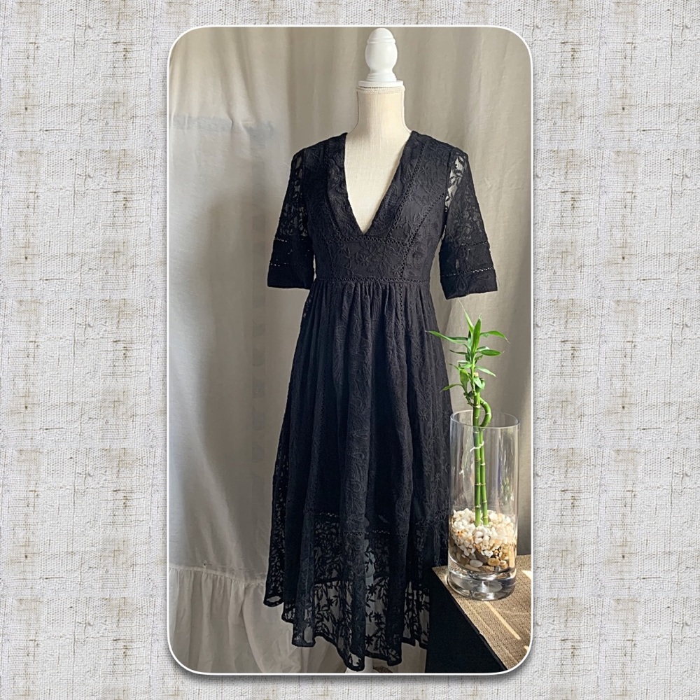 Embroidered Casual Mesh Black Dress